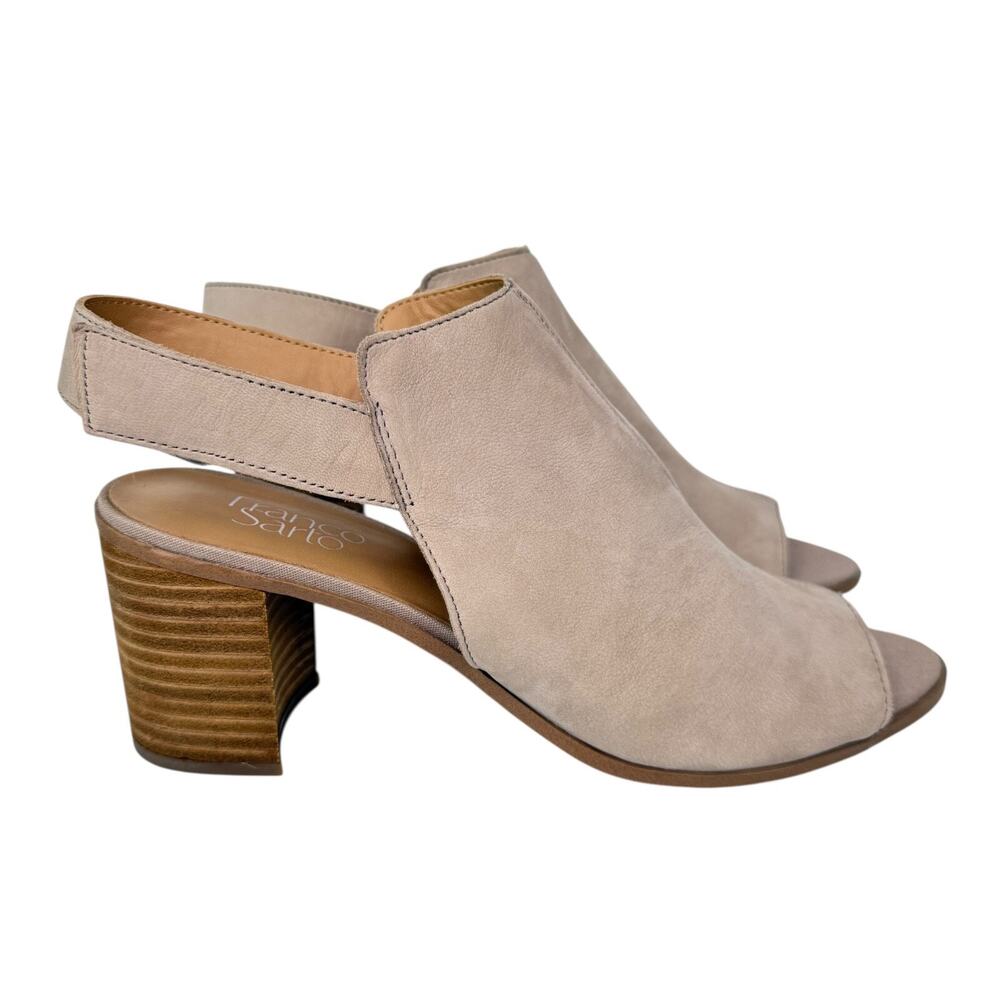 Franco Sarto Helix Block Heel Peep Toe Sandals Shoes Leather Suede Beige Sz 10M